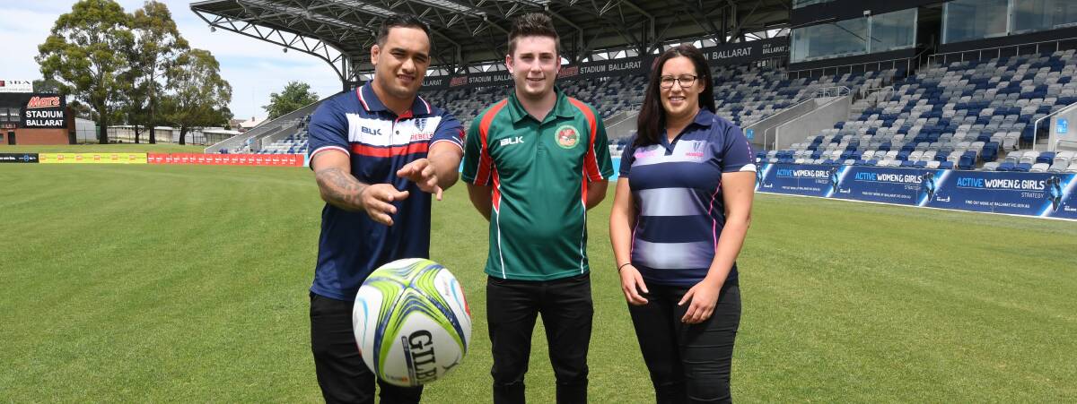 ON DECK: Melbourne Rebels prop Tetera Faulkner, Ballarat rugby player Mitch Cattell and Rebels Super W player Alice Masters at Mars Stadium for Wednesday's announcement. Picture:  Lachlan Bence 