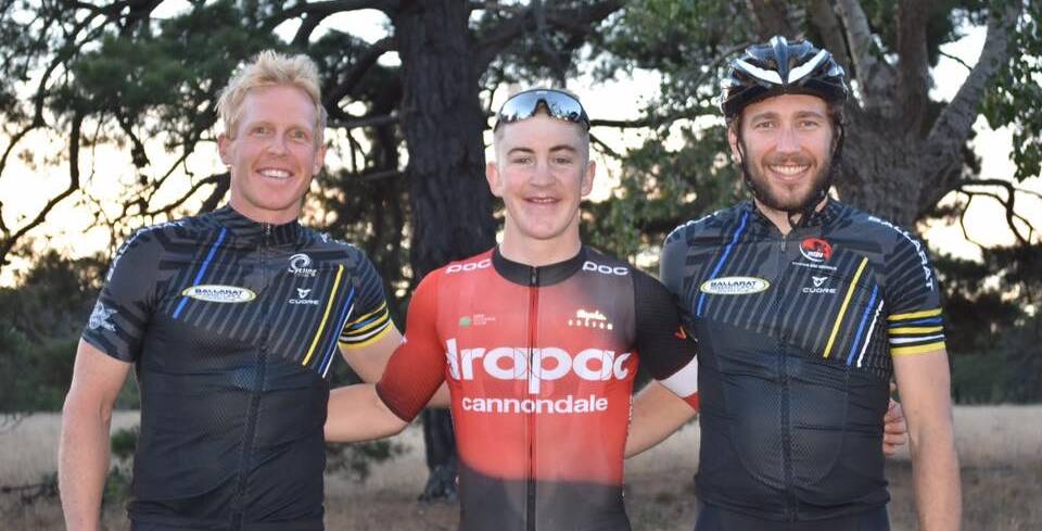 PODIUM: Club criterium champion Liam White flanked by second-placed Tim Canny, left, and third-placed Daniel Braunsteins.