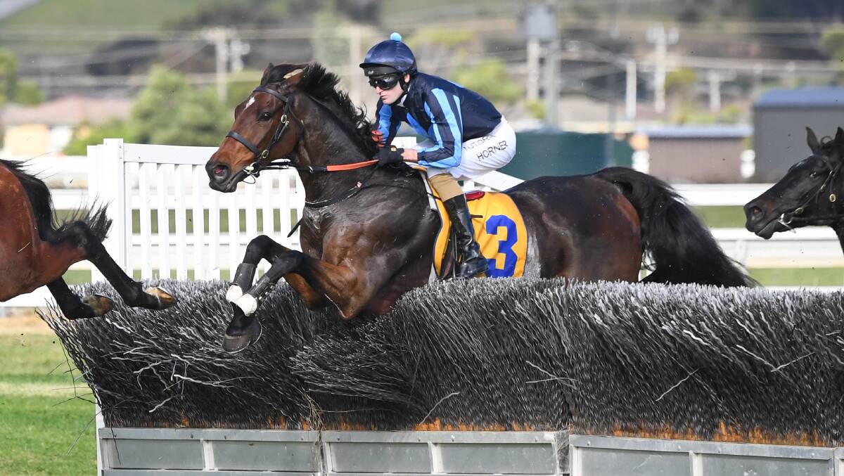 HE'S FLYING: Flying Agent (Darryl Horner jun) jumps his way to victory in the Brierly Steeplechase at Warrnambool. Picture: Pat Scala/Racing Photos.