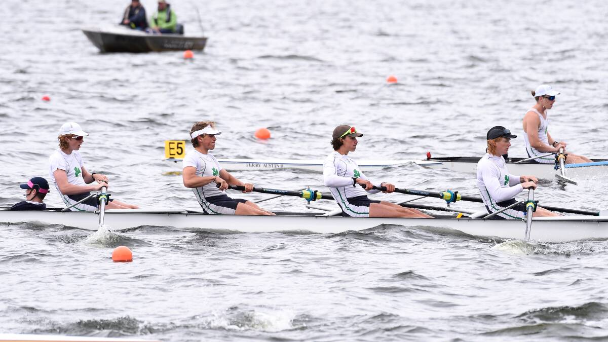 GO: St Patrick's College's coxed four open division one crew Tom Foley, Jake Polkinghorne, Austin Reinehr, Angus Murnane and cox Edward Peucke. Picture: Adam Trafford 