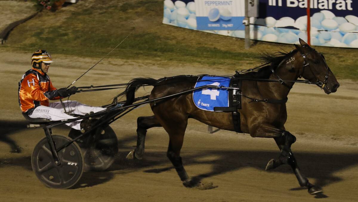 INTERSTATE RAID: Darren Hancock sits quietly to take out the EB Cochran Trotters' Cup with On Thunder Road. Picture: Dylan Burns 