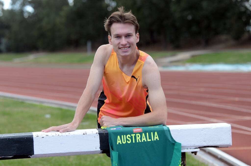 Ballarat sprinting star with his Australian singlet in readiness for the World Athletics Relay Championships in the Bahamas next month. Picture by Kate Healy.