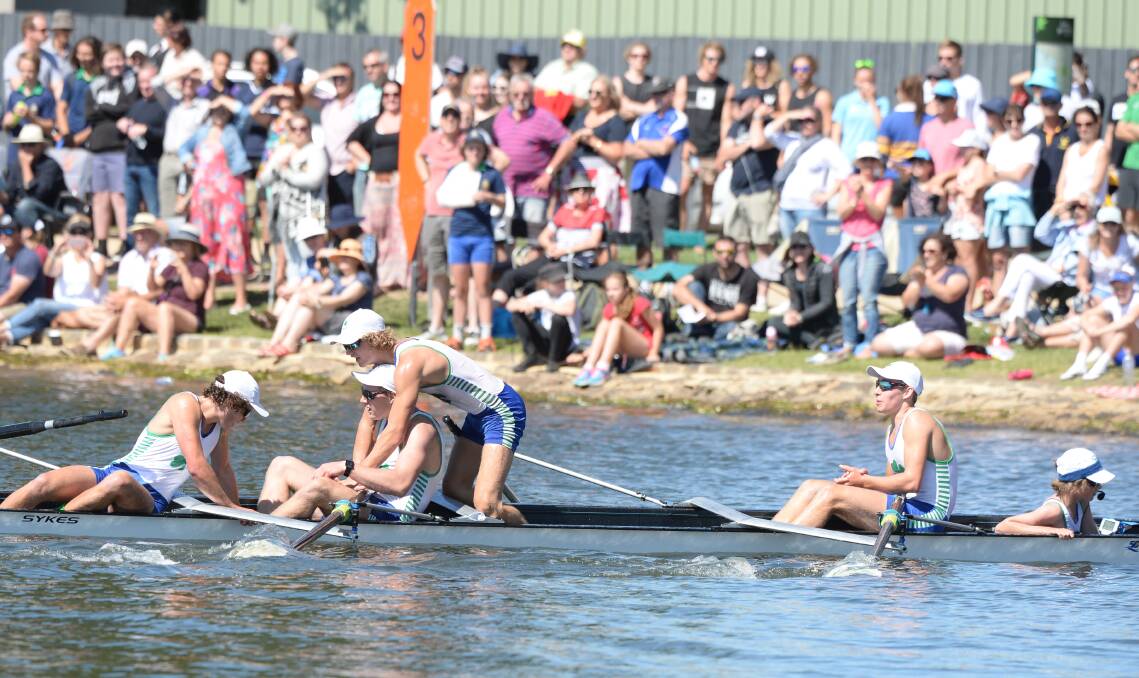 DRAMA: what would be short-lived celebrations begin for the St Patrick's College firsts crew after crossing the line. Picture: Kate Healy 