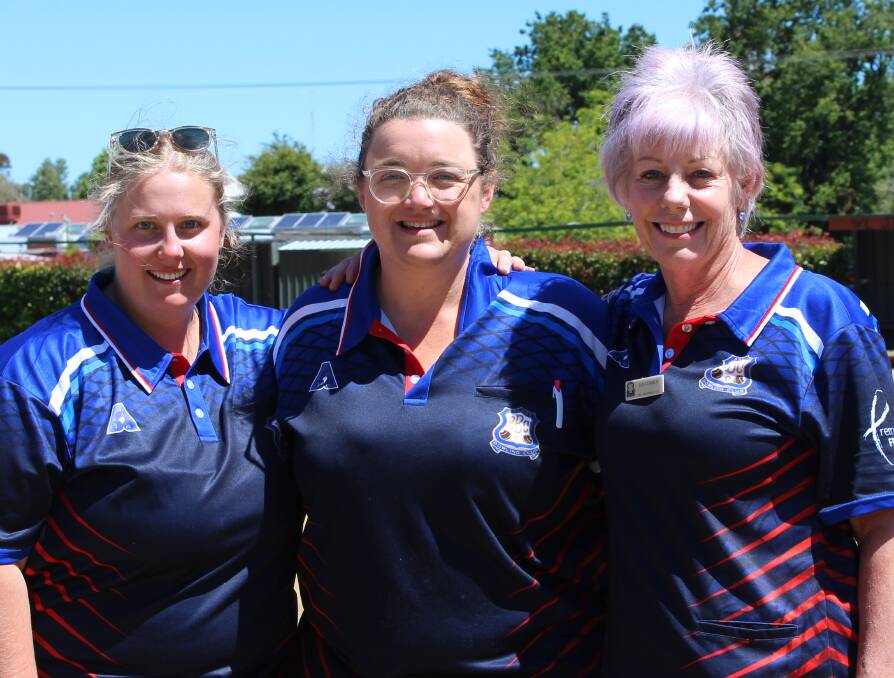 Amy Newman (a substitute from Ballarat North) with Ballan's Anne Draffen and Jan Conroy after taking out the region women's triple championship.