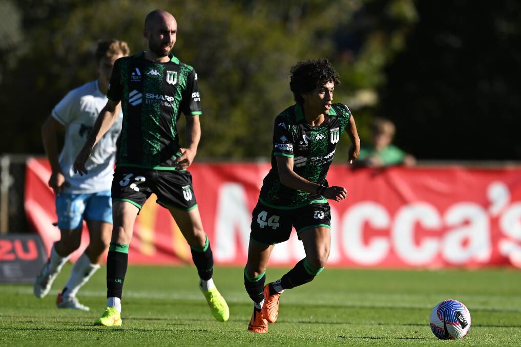Ballarat graduate Jordan Lauton on the ball in his A-League debut for Western United - an appearance which also made him the 4000th player to feature in a mens national league in Australia. Picture Getty Images. 
