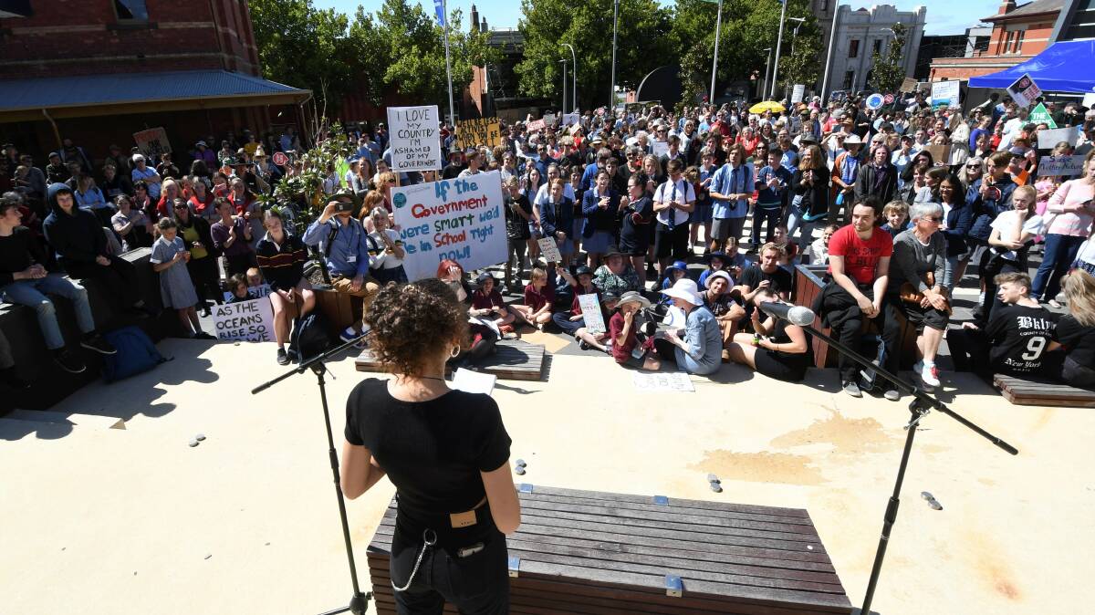 ENERGY: Rosa Varga-Miller speaks to the crowd at the Ballarat student climate strike. Pictures: Lachlan Bence