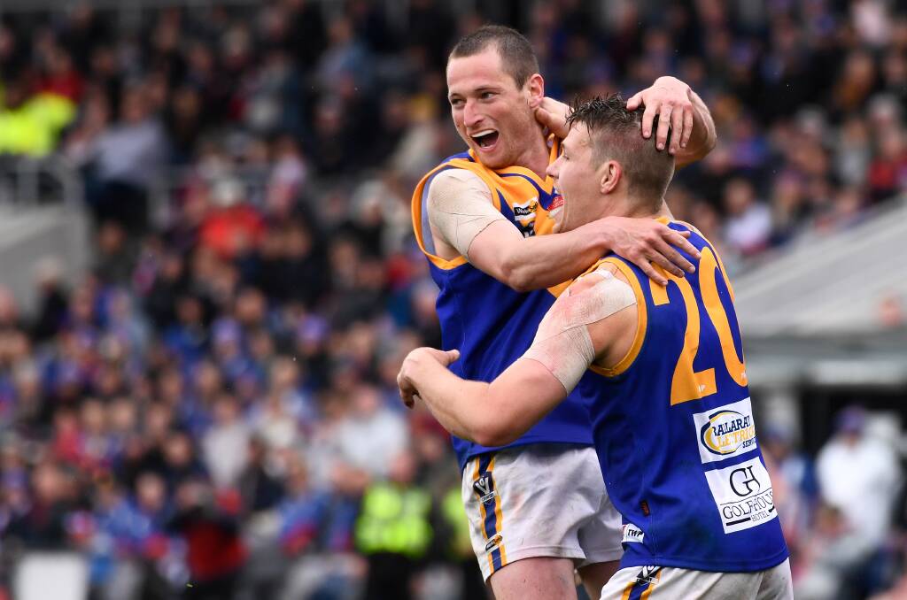 Lachie Cassidy, pictured celebrating a goal in the 2019 grand final, is back for Sebastopol. Picture: Adam Trafford