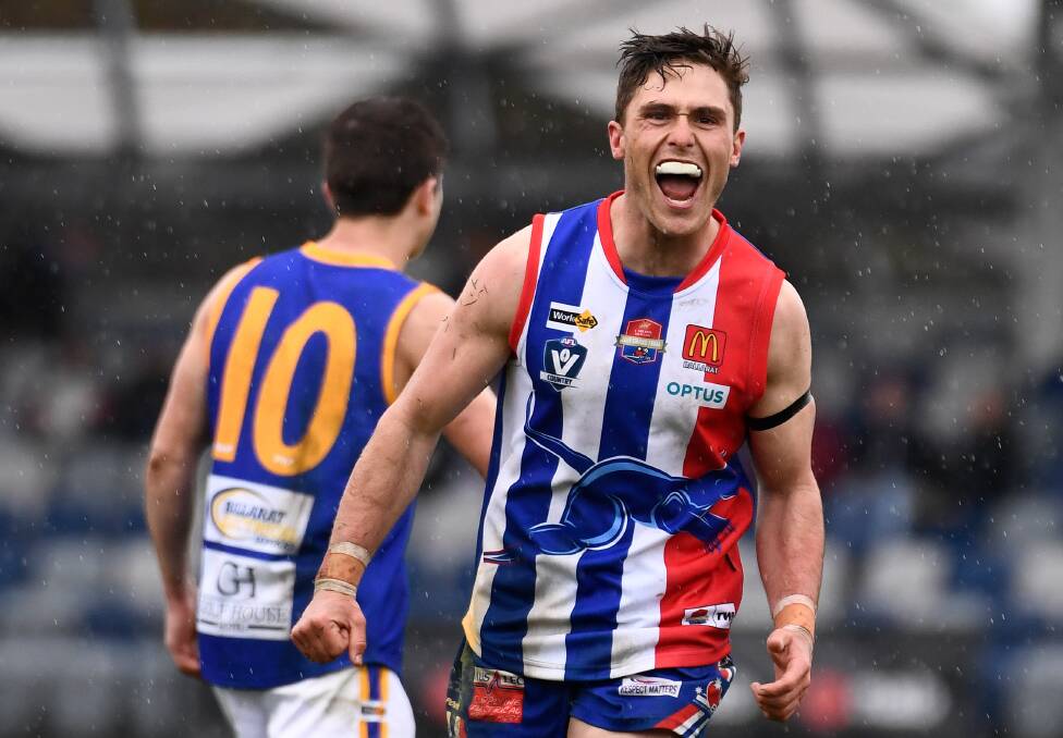 Aden Nestor celebrates an East Point goal during the 2019 grand final. Picture: Adam Trafford