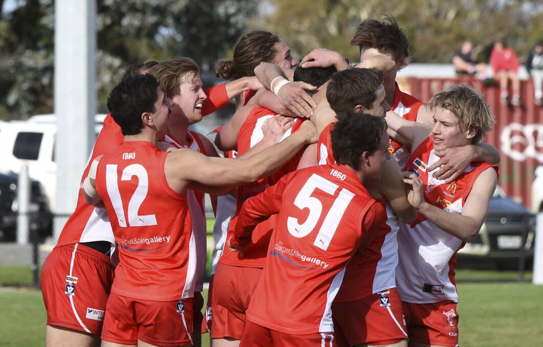 Ballarat celebrates a goal against Darley at the weekend. Picture: Lachlan Bence