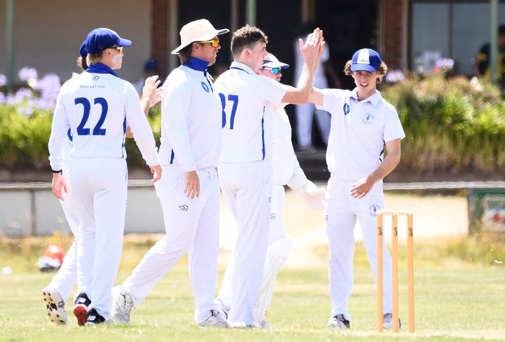 Golden Point celebrates a Simon Ogilvie wicket against Naps-Sebas. Picture by Adam Trafford.