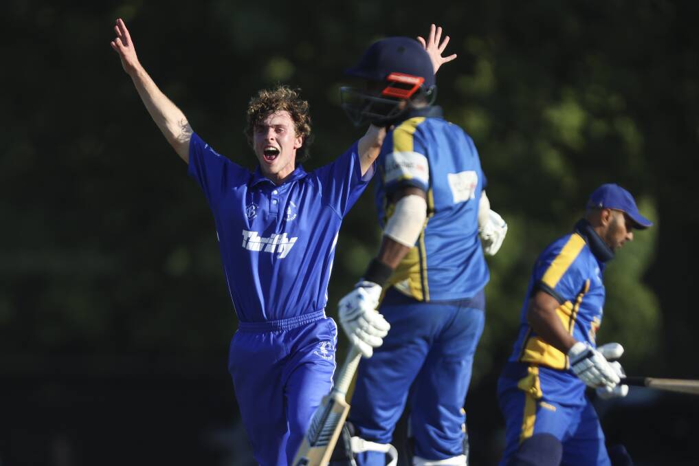 Golden Point quick Leo Turnbull-Gent celebrates a wicket. Picture: Luke Hemer
