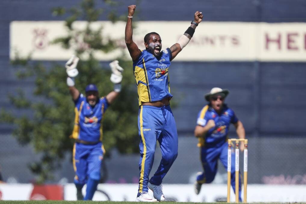 Darley opening bowler Madushanka Ekanayaka celebrates an early wicket. Picture: Luke Hemer