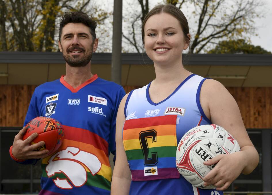SUPPORT: Rob Rodgers and Brooke Cowan model Daylesford's pride jumpers. Picture: Lachlan Bence