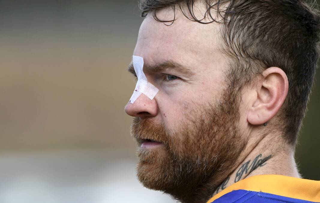 A battle-scarred Bradley Weightman in action for Sebastopol. Picture: Lachlan Bence