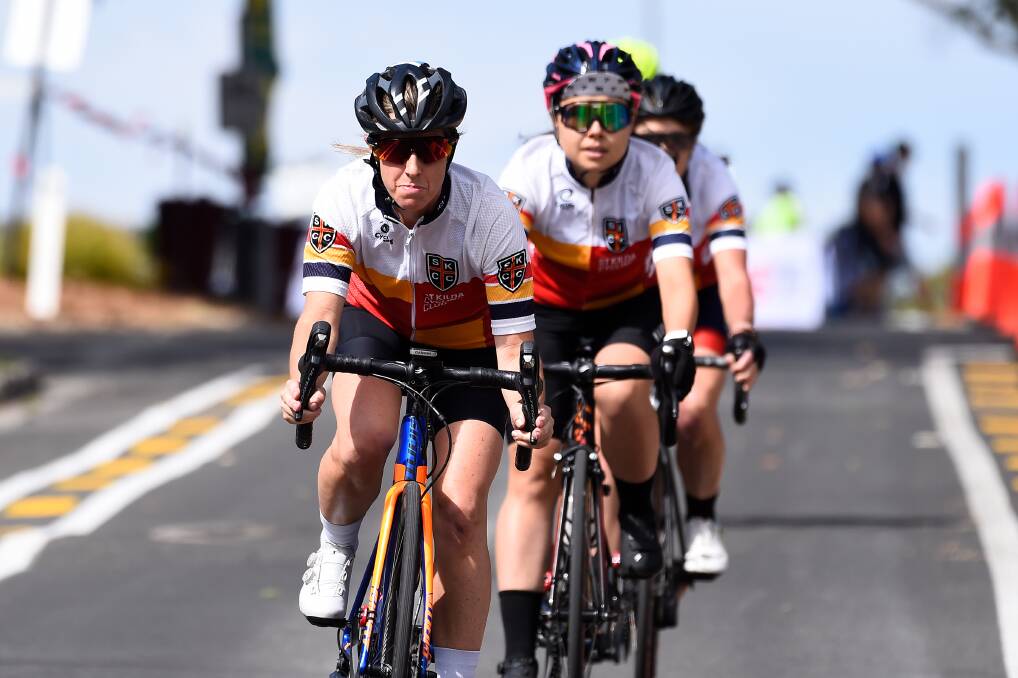 FOCUS: Trish Bursill leads St Kilda Cycling Club in the Masters Womens 120. Picture: Adam Trafford