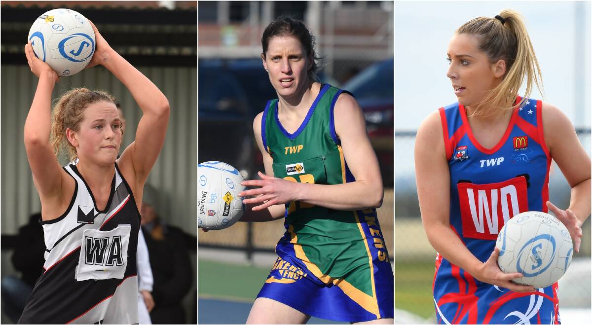 North Ballarat's Poppy Douglass, Lake Wendouree's Emma Gill and East Point's Georgia Corbett in action during the 2019 season.