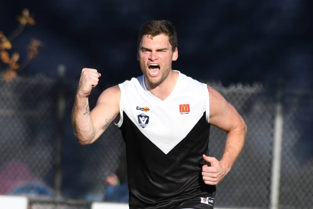 THE WAIT IS OVER: North Ballarat's Cameron McCallum celebrates a goal. Picture: Kate Healy