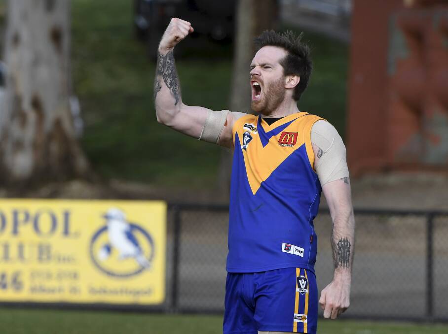 YOU BEAUTY: Michael Powell celebrates a goal for Sebastopol. Powell had an injury-interrupted 2021, playing just eight games. Picture: Lachlan Bence