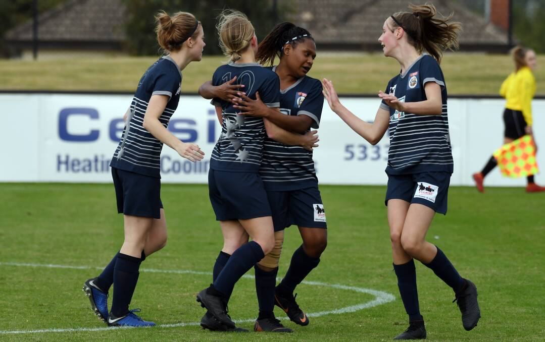 UNITED: Ballarat City FC celebrates a goal in 2019. Picture: Kate Healy