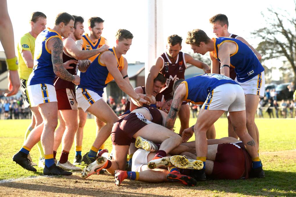 Melton and Sebastopol players remonstrate during the 2019 preliminary final. Picture: Adam Trafford