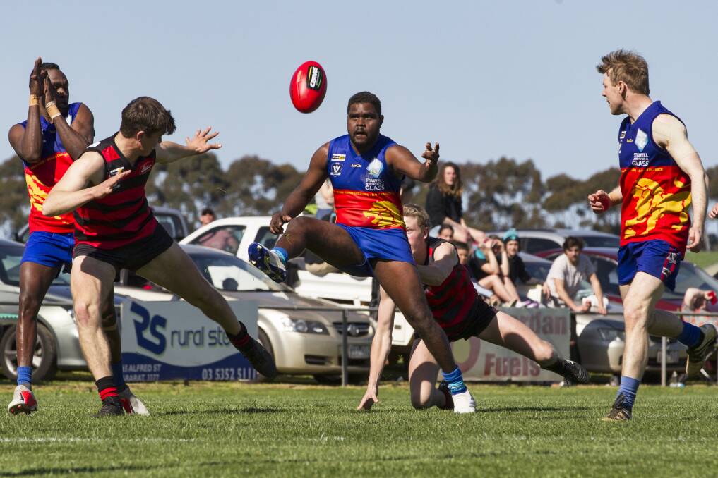 Great Western's Bradley Palipuaminni in action during the 2019 Mininera and District football league grand final. Picture: Peter Pickering