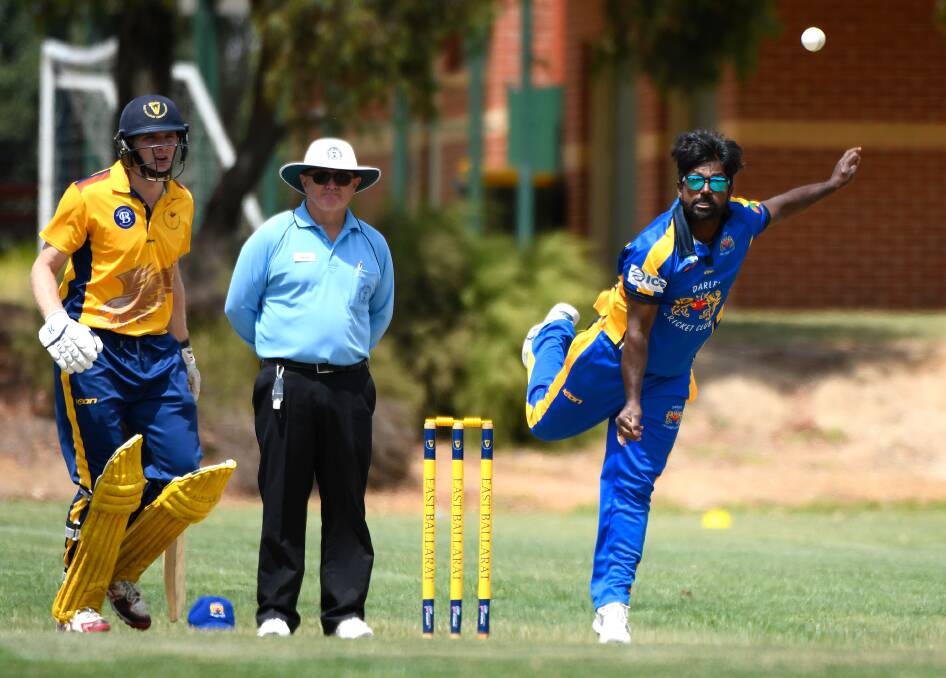 Dilan Chandima bowling against East Ballarat. Picture: Adam Trafford