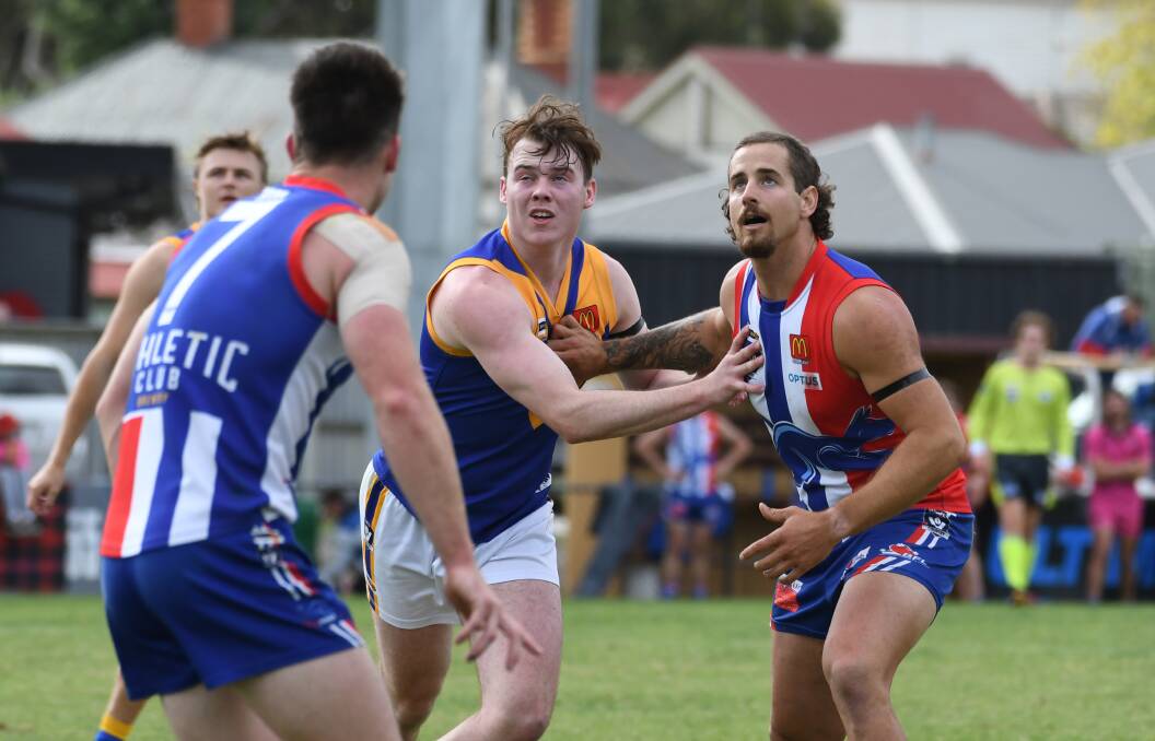 Sebastopol's Liam Stow and East Point's Dallas Martin compete for the ball in round one. Picture: Kate Healy