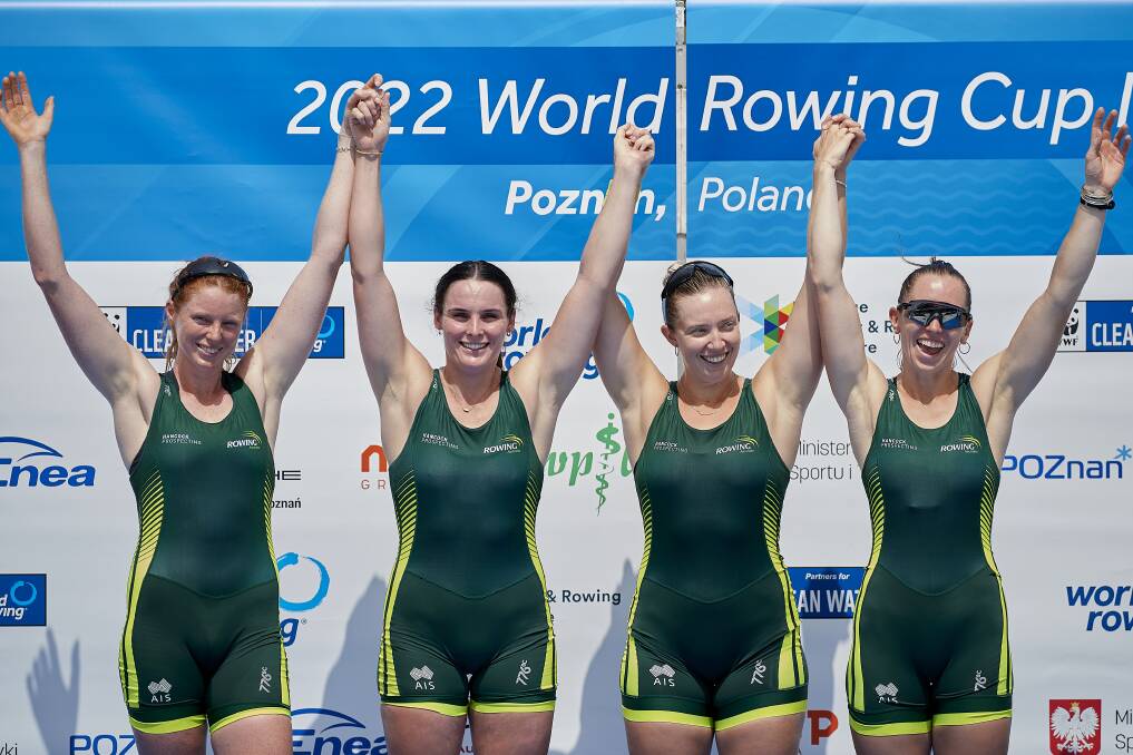 Katrina Werry, second from right, after winning gold at World Rowing Cup II. Picture by Getty Imaages. 