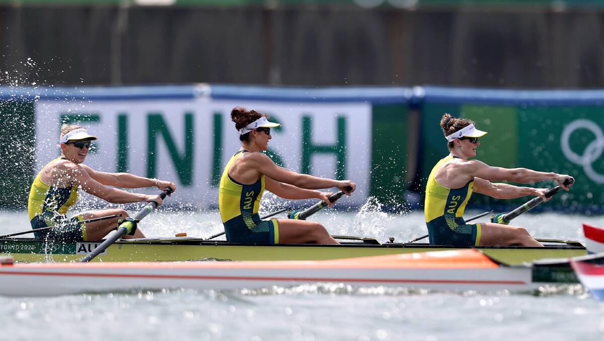 Lucy Stephan, left, en route to winning gold in the women's four at Tokyo. Picture: Naomi Baker/Getty Images