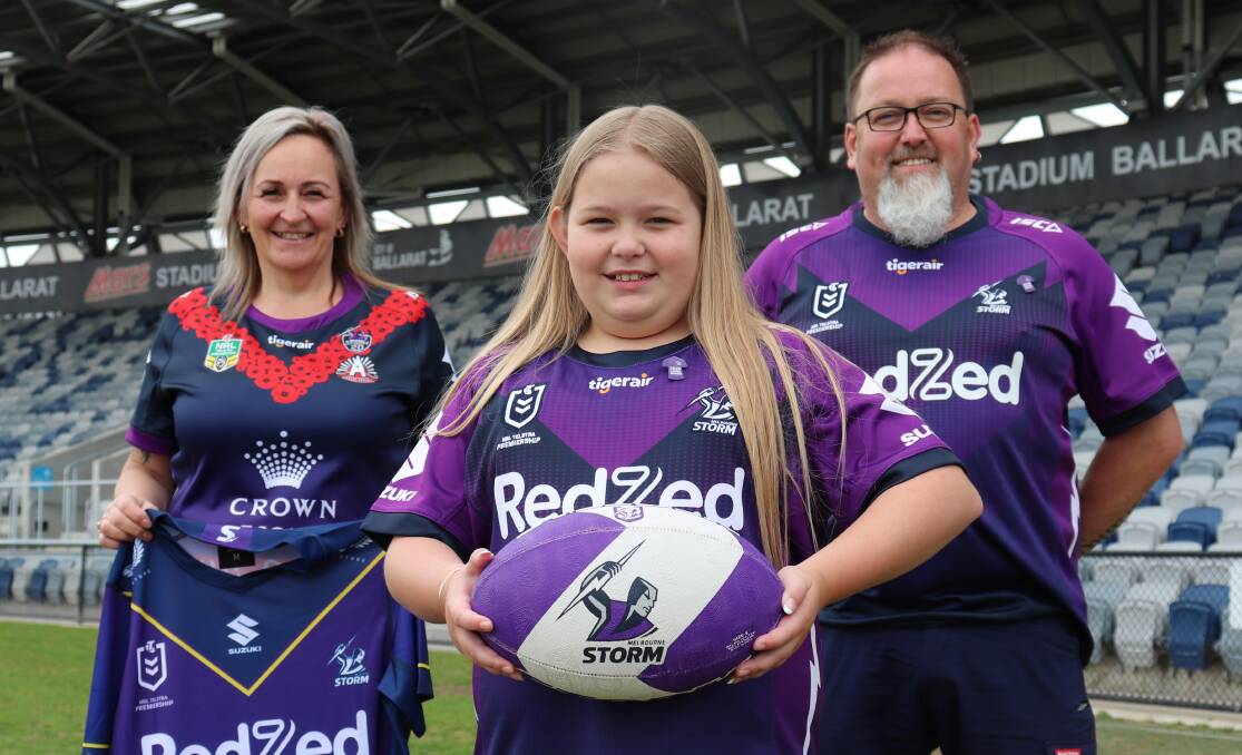 Kerri, Summer and David Britten are excited to watch the Melbourne Storm play in Ballarat. Picture: Matt Currill