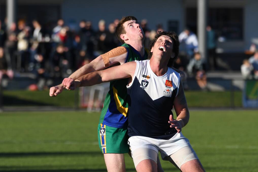 Lake Wendouree's Callum Harte and Melton South's Marc Dransman jostle for the best position. Picture: Kate Healy