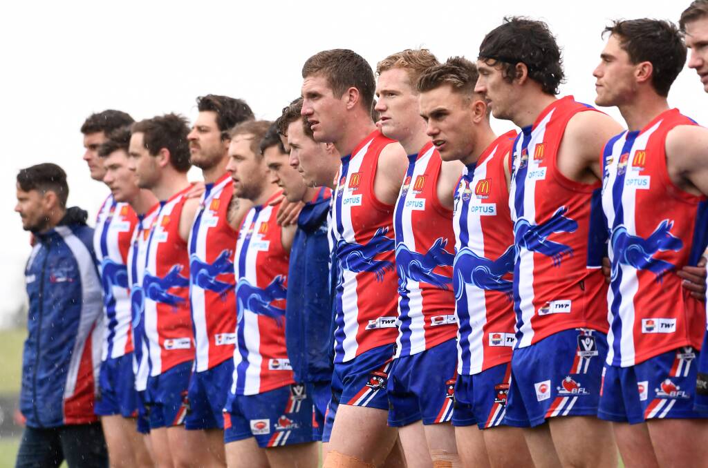 East Point lines up for the national anthem before the 2019 BFNL grand final. Picture: Adam Trafford