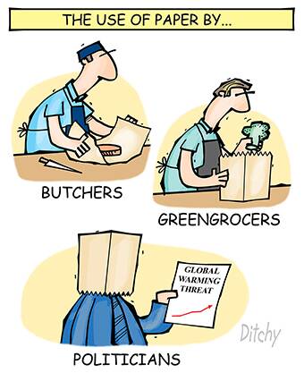REDUCE RE-USE RECYCLE: Paper in place of plastic. CARTOON: John Ditchman