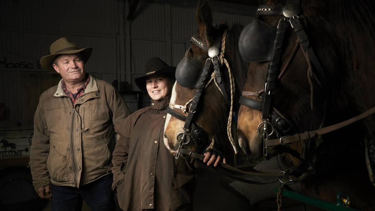 PREPARED: Brian Harrison, Alicia Driscoll and their horses Clancy and Jake before heading off on their journey to Mildura. Picture: Luka Kauzlaric