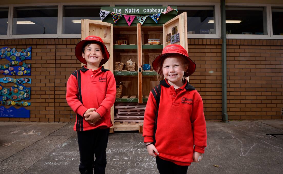FUN TIMES: Elliot (left) and Jordyn with the new maths cupboard in the playground at Ballarat North Primary School to encourage outdoor learning. Picture: Adam Trafford