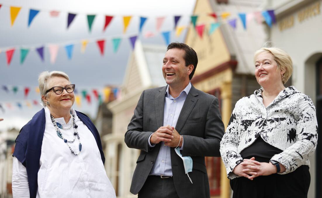 Western Victoria upper house MP Bev McArthur, Victorian Liberal Party leader Matthew Guy and Ripon MP Louise Staley at Sovereign Hill. Picture: Luke Hemer