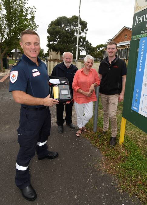 HEART STARTER: Ambulance Victoria's Sean Duggan and Alwyn Parker, Dianne Moylan and Dr David Shalders from Smythesdale community groups. Picture: Lachlan Bence 