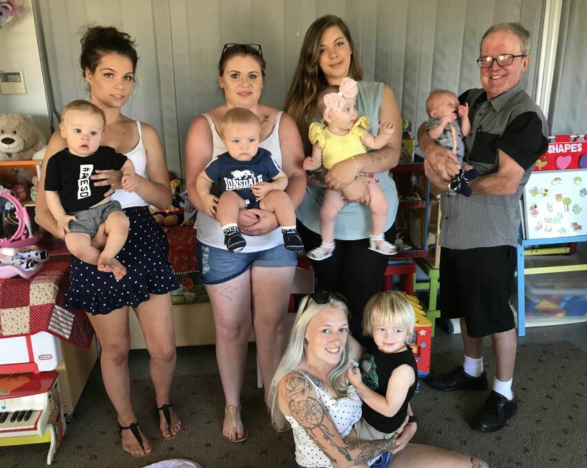 RETIREMENT: Michelle with son Kaiden, 10 months, Mikayla holding Braxton, 11 months, Lily with Tahlia, 7 months, Peter Innes holding the program's youngest participant Isaac, 6 weeks, and Teagan with Mayson, 2 1/2. Picture: Michelle Smith