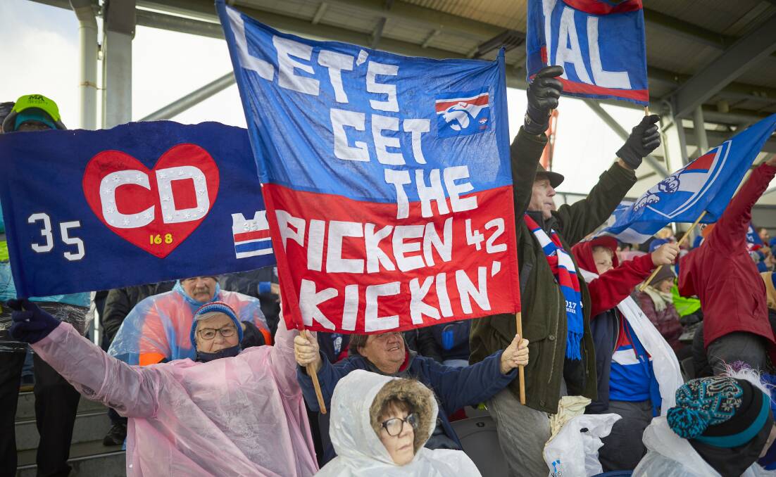 CHEERS: Excitement levels were high in the Western Bulldogs cheer squad as they unveiled their banners at the Doggies' first goal. 