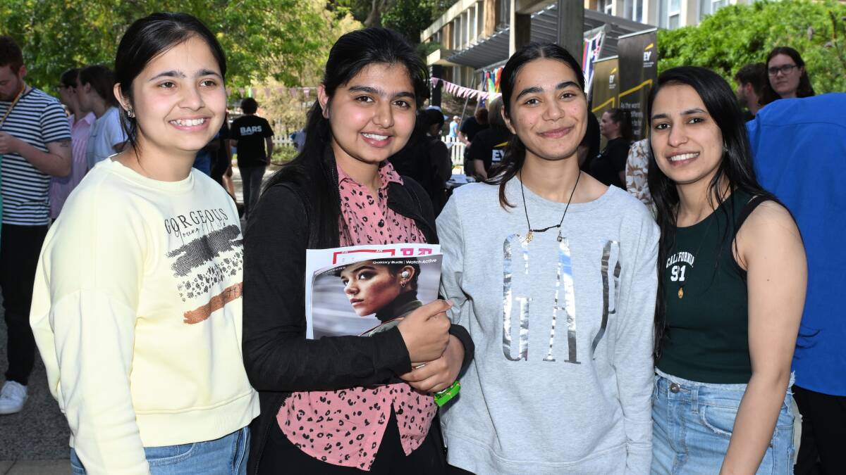 Komalpreetkaur, from Lara, Arban from Mambourin, Anushka from Truganina and Kirti from St Albans are all studying their first year of nursing at Federation University, Mount Helen, where they enjoyed Fed Fest activities as part of Orientation Week. Picture by Kate Healy