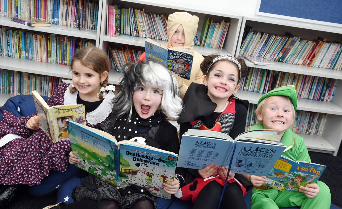 CHARACTERS: Little Bendigo pupils Ruthie, Amber, Rex, Indy and Bailey dress as their favourite characters for Book Week. Picture: Kate Healy