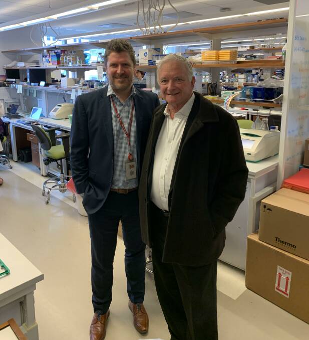 TOUR: Dr Luke Dow (left) shows Australian Consul General to New York Nick Greiner around the Dow Lab at Weill Cornell Medical College. Picture: supplied