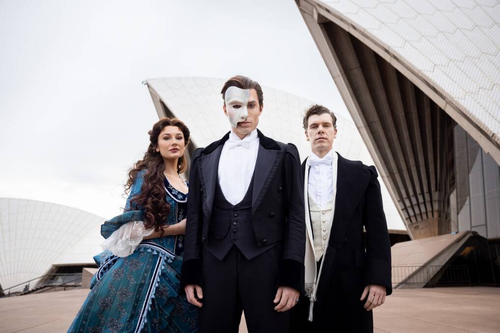 Phantom of the Opera stars Amy Manford, Josh Piterman and Blake Bowden outside Sydney Opera House. Picture by Daniel Boud