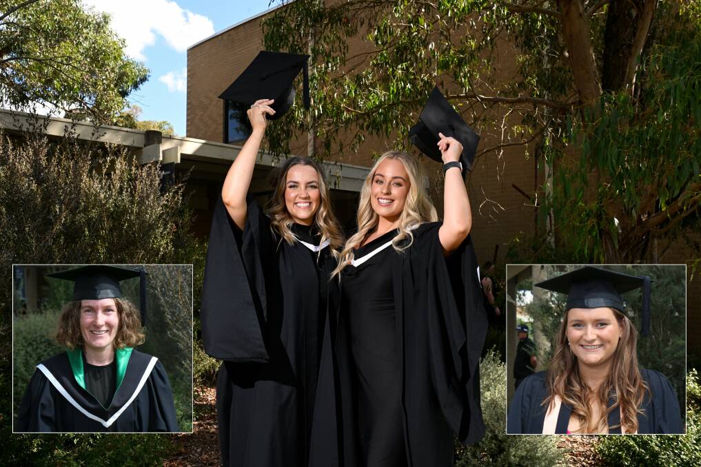 Phoebe Bentley and Charlotte Durose celebrate graduating from their Bachelor of Nursing at Federation University while (inset left) Gabrielle Magree was awarded the University Medal after completing her Bachelor of Education (Early Childhood and Primary) studies and (inset right) Ella Donovan-Clancy who received the Vice-Chancellor's Award for Excellence. Main picture by Adam Trafford