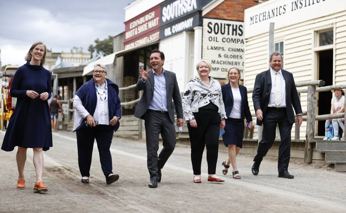 WELCOME: Sovereign Hill's Sara Quon, Western Victoria MP Bev McArthur, Liberal leader Matthew Guy, Ripon MP Louise Staley, shadow tourism minister Cindy McLeish and Sovereign Hill's Craig Fletcher. Picture: Luke Hemer