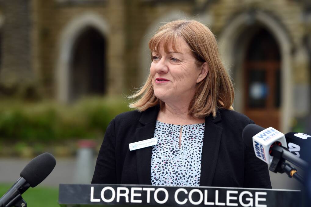 Loreto College principal Michelle Brodrick addresses the media on the day of the bus crash. Picture by Kate Healy
