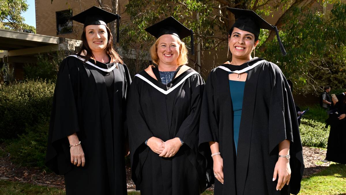 Prabhnoor Kaur, Amy Rogers and Laura Evans graduate after completing their Bachelor of Nursing at Federation University. Picture by Adam Trafford
