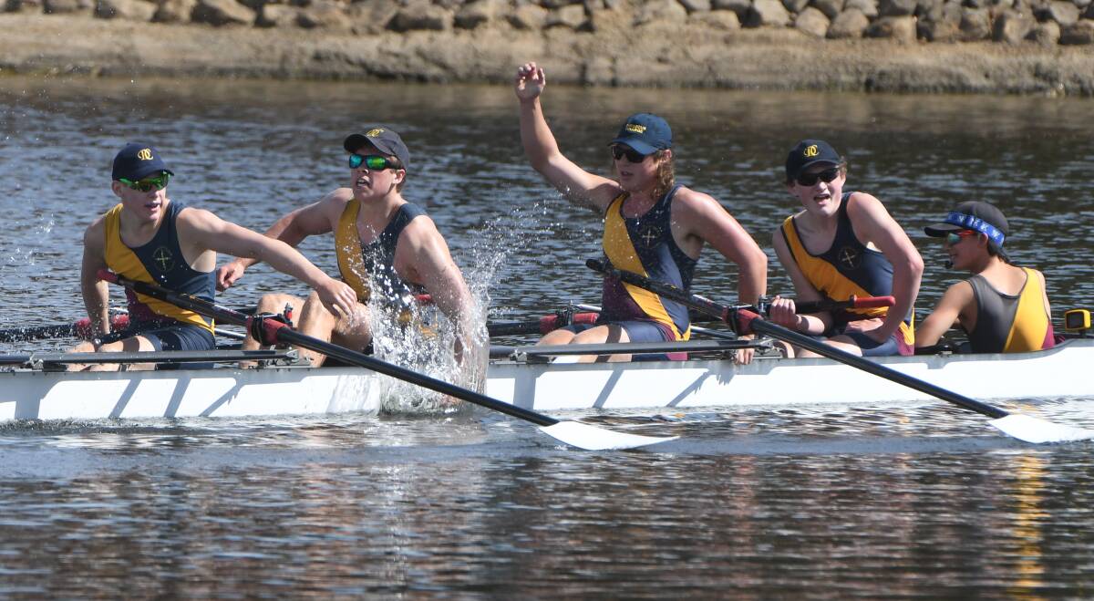 WIN: Damascus College's senior crew James Mavity, Mackenzie Yandell, Ethan Blackmore, Julian Hockey and cos Caspian Linayao celebrate victory in the Head of the Schoolboys regatta earlier this month. Picture: Kate Healy