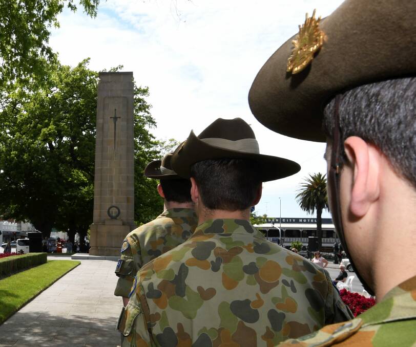 POISED: Members of the Sebastopol Cadet Unit stand ready to march in to position as the catafalque party to stand watch over the Ballarat cenotaph for the duration of the Remembrance Day ceremony. 