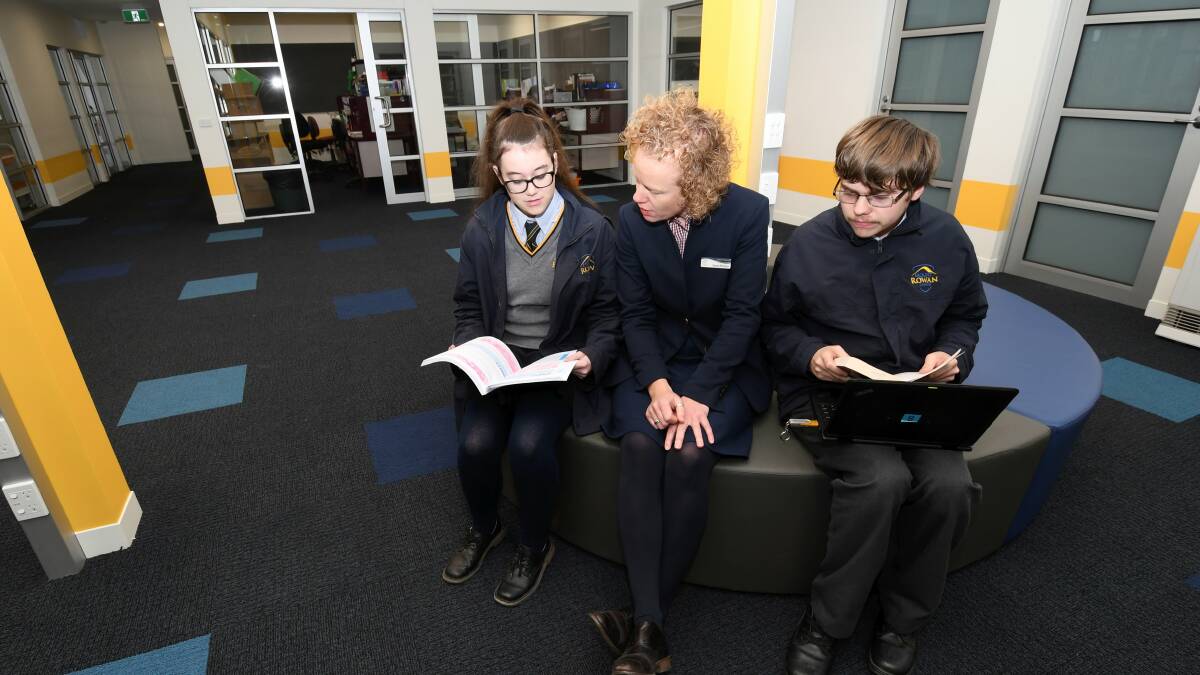 SCHOOL: Mount Rowan Secondary College principal Seona Murnane with year 12 students Carly and James in the school's new STEAM building. Picture: Lachlan Bence